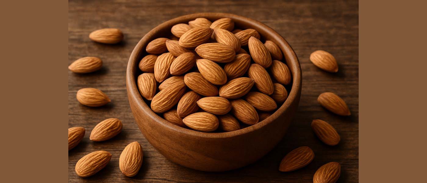 Almond mentah dalam mangkuk kayu