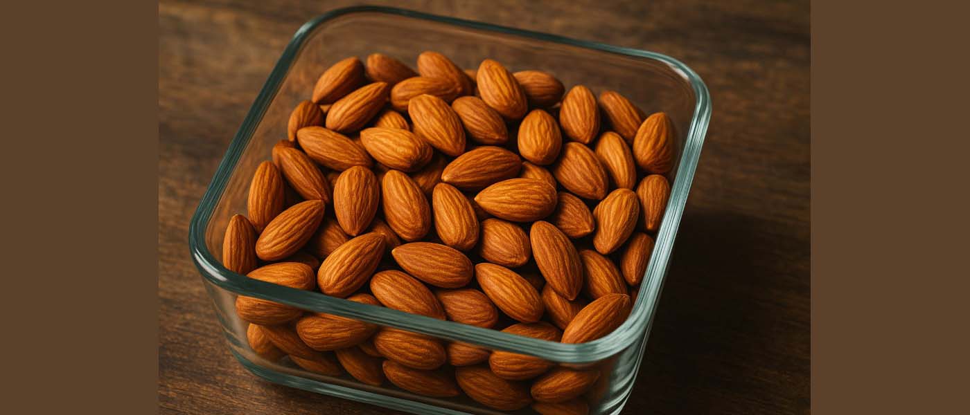 Almond panggang dalam wadah kaca
