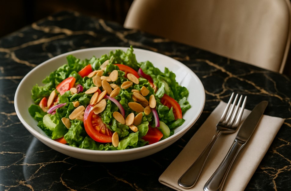 Salad dengan topping almond yang segar