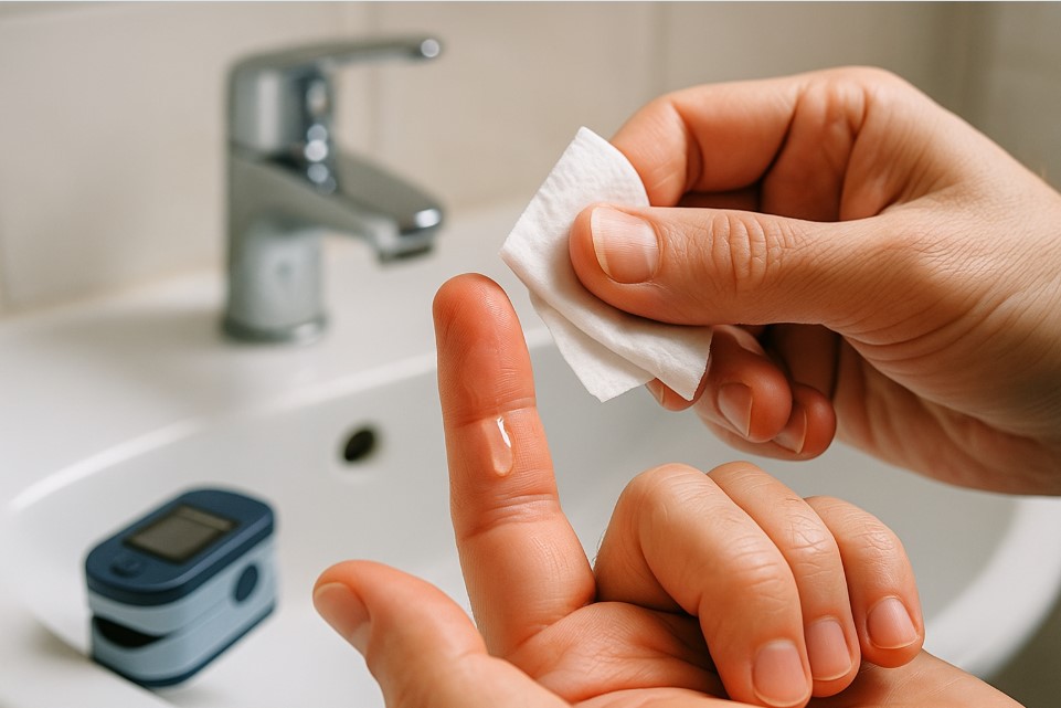 Membersihkan jari sebelum menggunakan oximeter