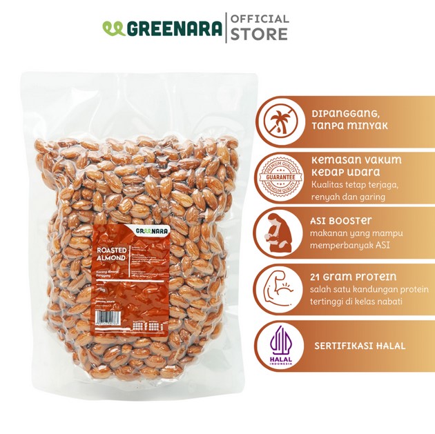 Greenara Natural Roasted Almond - Camilan Penghilang Cegukan