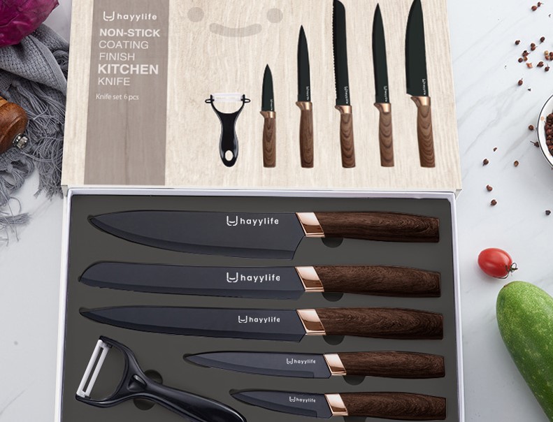 Hayylife Set Pisau Dapur Stainless Steel 6In1 Gagang Kayu - Set Pisau Elegan