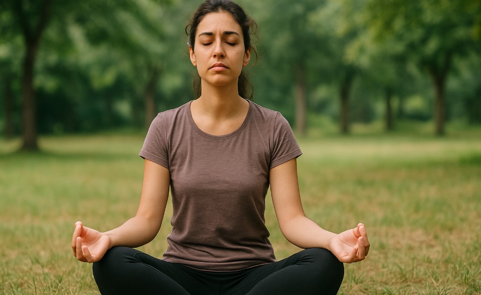 Wanita sedang bermeditasi untuk mengurangi stres