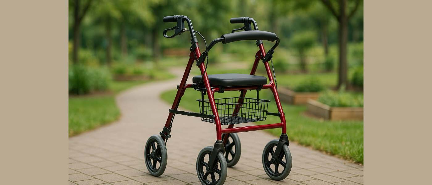 Rollator atau walker dengan roda untuk mobilitas lebih mudah