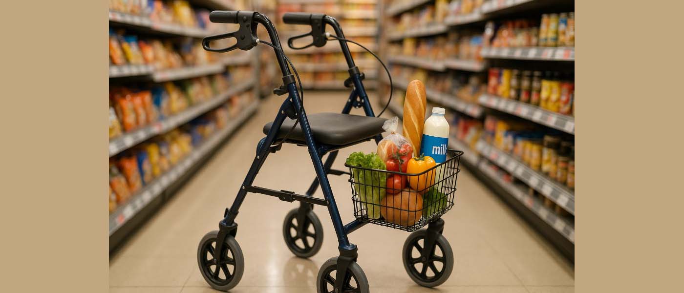 Rollator dengan empat roda, tempat duduk, dan keranjang