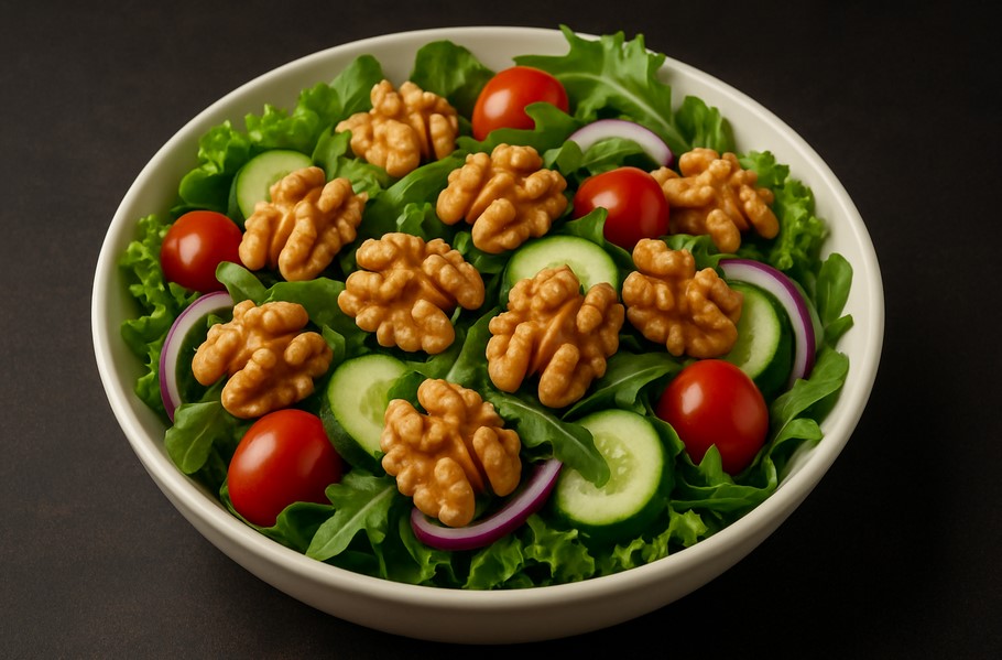 Salad segar dengan taburan kacang walnut