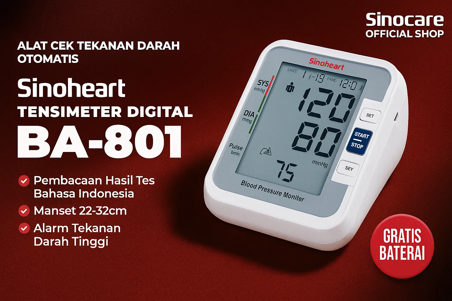 Sinocare BA 801 Tensimeter Digital dengan Memory Penyimpanan