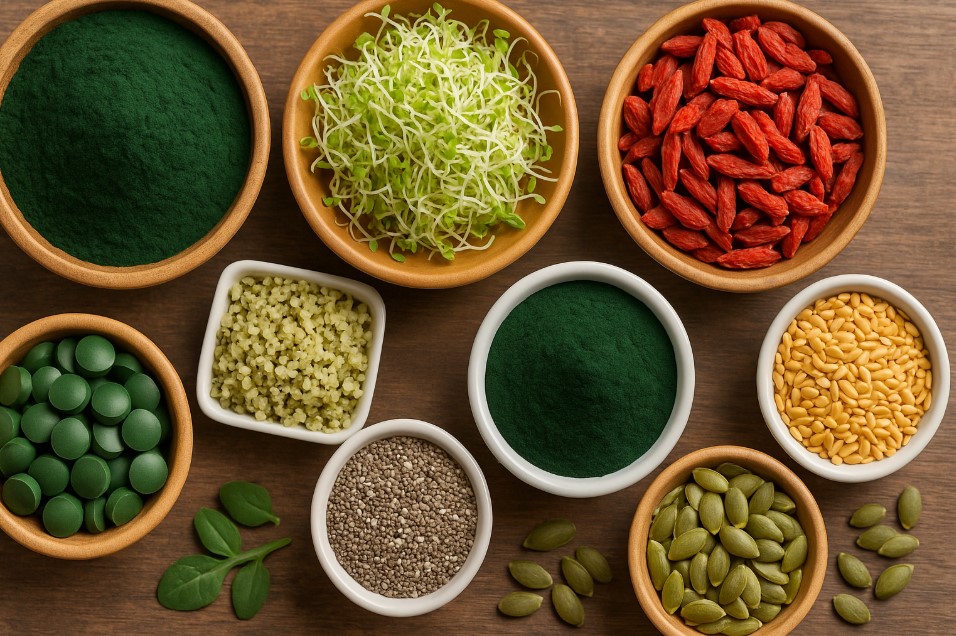 Berbagai jenis superfood seperti spirulina dan alfalfa